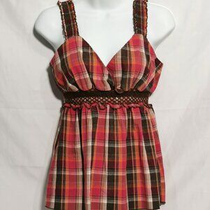 Plaid Babydoll Tank Top with Smocked Straps and Waistband Size M EUC #50